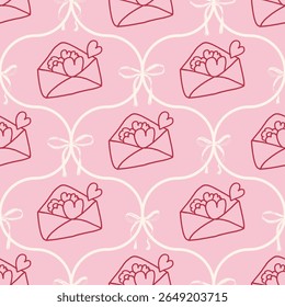 Coquette envelope crayon padrão sem emenda. Ogee presente e fitas sem fim fundo. Garota festiva damasco rosa repete a capa. Padrão de superfície aniversário ou motivo de casamento. Ilustração desenhada à mão vetorial.