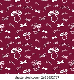 Coquette esthetic ribbon bow seamless pattern vector illustration. Design for textile, fabric, wrapper, packaging, background. Stylish repeating vintage ornament, rococo. Cherry color.