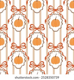 Coquette fall bows, pumpkin, ribbons, cameo seamless pattern. Autumn hand drawn grandmillennial vertical striped background. Vector wallpaper, print, wrap paper, textile, cute Thanksgiving day design.