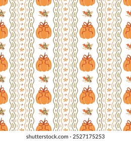 Coquette fall bows and pumpkin seamless pattern. Autumn grandmillennial vertical striped background with ribbons, leaves. Vector wallpaper, print, wrap paper, cute floral textile design, fabric.