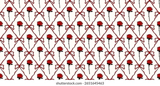 Coquette Floral pattern. Coquettish seamless Trellis. Vector illustration of elegant hand drawn red Rose Coquette Bow and Ribbon seamless pattern. Perfect interior room wallpaper textile fabric print