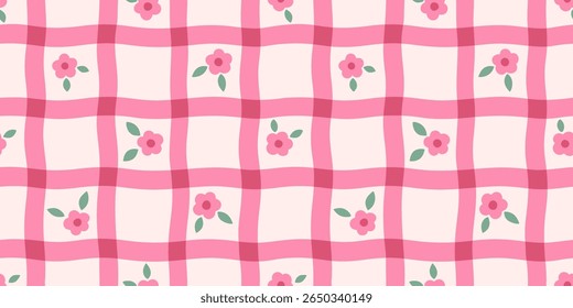 Coquette Floral Seamless Pattern combining Plaid and Delicate Small Flowers. Cottagecore Vector Background in Vintage Ditsy Style with Soft Pink Tones, perfect for Textile, Paper, and Web Design.
