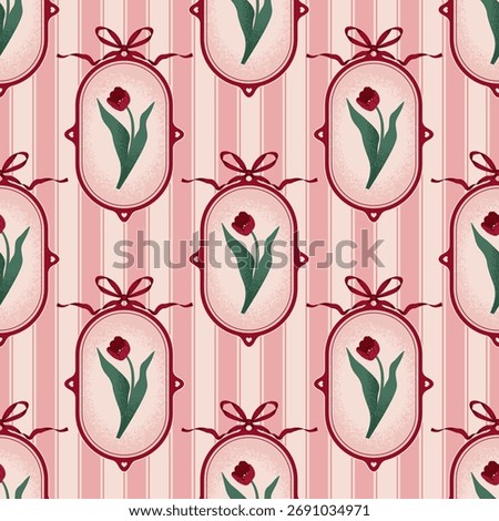Coquette floral seamless pattern with Tulip in Frame. Vintage Rustic Design for fabric, wallpaper, or wrapping paper. Vector illustration