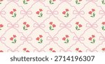 Coquette Floral trellis seamless pattern with bows and ribbons. Preppy spring summer hand drawn flowers. Botanical elegant trendy print. Vintage design for fabric, wallpaper, decor, background, paper