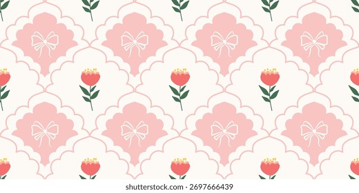 Coquette Floral treliça padrão sem costura com arcos e fitas. Preppy primavera verão mão desenhado flores. Botânica elegante impressão na moda. Vintage design para tecido, papel de parede, decoração, fundo, papel