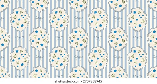 Coquette Blumengitter nahtloses Muster mit Schleifen und Bändern. Preppy Frühjahr Sommer handgezeichnete Blumen. Botanisch eleganter trendiger Druck. Vintage-Design für Stoff, Tapete, Dekor, Hintergrund, Papier