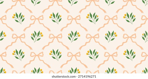 Coquette Blumengitter nahtloses Muster mit Schleifen und Bändern. Preppy Frühjahr Sommer handgezeichnete Blumen. Botanisch eleganter trendiger Druck. Vintage-Design für Stoff, Tapete, Dekor, Hintergrund, Papier