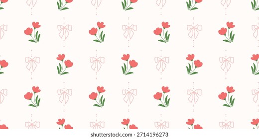Coquette Blumengitter nahtloses Muster mit Schleifen und Bändern. Preppy Frühjahr Sommer handgezeichnete Blumen. Botanisch eleganter trendiger Druck. Vintage-Design für Stoff, Tapete, Dekor, Hintergrund, Papier