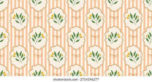 Coquette Blumengitter nahtloses Muster mit Schleifen und Bändern. Preppy Frühjahr Sommer handgezeichnete Blumen. Botanisch eleganter trendiger Druck. Vintage-Design für Stoff, Tapete, Dekor, Hintergrund, Papier