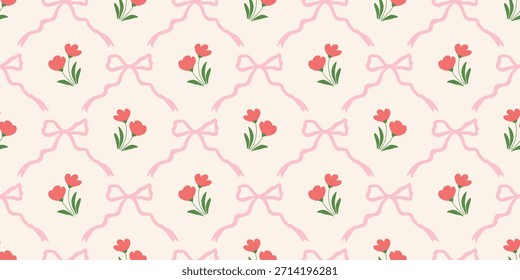 Coquette Blumengitter nahtloses Muster mit Schleifen und Bändern. Preppy Frühjahr Sommer handgezeichnete Blumen. Botanisch eleganter trendiger Druck. Vintage-Design für Stoff, Tapete, Dekor, Hintergrund, Papier