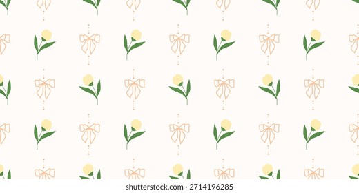 Coquette Blumengitter nahtloses Muster mit Schleifen und Bändern. Preppy Frühjahr Sommer handgezeichnete Blumen. Botanisch eleganter trendiger Druck. Vintage-Design für Stoff, Tapete, Dekor, Hintergrund, Papier