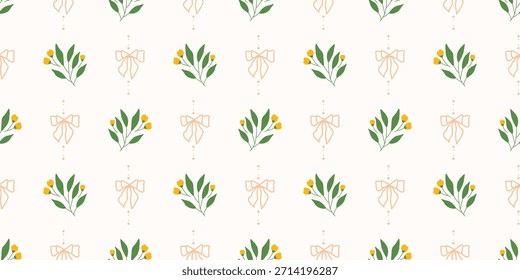 Coquette Blumengitter nahtloses Muster mit Schleifen und Bändern. Preppy Frühjahr Sommer handgezeichnete Blumen. Botanisch eleganter trendiger Druck. Vintage-Design für Stoff, Tapete, Dekor, Hintergrund, Papier