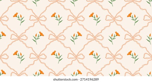 Coquette Blumengitter nahtloses Muster mit Schleifen und Bändern. Preppy Frühjahr Sommer handgezeichnete Blumen. Botanisch eleganter trendiger Druck. Vintage-Design für Stoff, Tapete, Dekor, Hintergrund, Papier