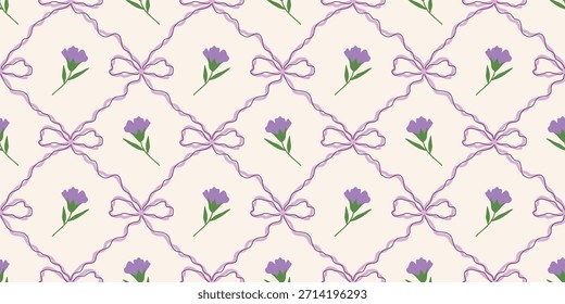 Coquette Blumengitter nahtloses Muster mit Schleifen und Bändern. Preppy Frühjahr Sommer handgezeichnete Blumen. Botanisch eleganter trendiger Druck. Vintage-Design für Stoff, Tapete, Dekor, Hintergrund, Papier