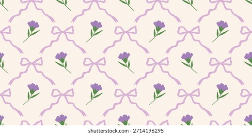 Coquette Floral trellis seamless pattern with bows and ribbons. Preppy spring summer hand drawn flowers. Botanical elegant trendy print. Vintage design for fabric, wallpaper, decor, background, paper