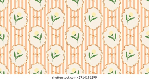 Coquette Blumengitter nahtloses Muster mit Schleifen und Bändern. Preppy Frühjahr Sommer handgezeichnete Blumen. Botanisch eleganter trendiger Druck. Vintage-Design für Stoff, Tapete, Dekor, Hintergrund, Papier