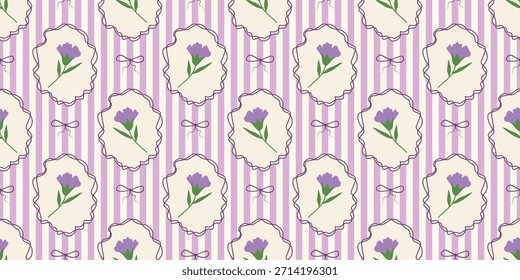 Coquette Blumengitter nahtloses Muster mit Schleifen und Bändern. Preppy Frühjahr Sommer handgezeichnete Blumen. Botanisch eleganter trendiger Druck. Vintage-Design für Stoff, Tapete, Dekor, Hintergrund, Papier