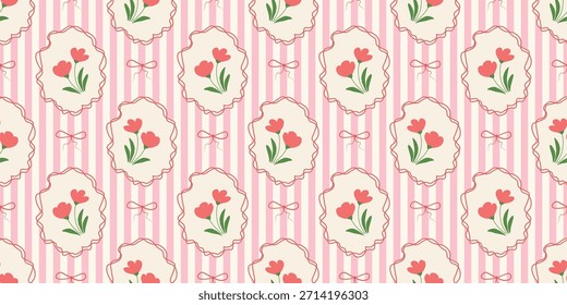 Coquette Blumengitter nahtloses Muster mit Schleifen und Bändern. Preppy Frühjahr Sommer handgezeichnete Blumen. Botanisch eleganter trendiger Druck. Vintage-Design für Stoff, Tapete, Dekor, Hintergrund, Papier