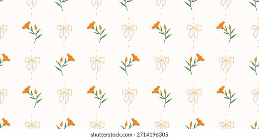 Coquette Blumengitter nahtloses Muster mit Schleifen und Bändern. Preppy Frühjahr Sommer handgezeichnete Blumen. Botanisch eleganter trendiger Druck. Vintage-Design für Stoff, Tapete, Dekor, Hintergrund, Papier