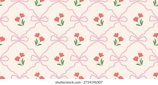 Coquette Blumengitter nahtloses Muster mit Schleifen und Bändern. Preppy Frühjahr Sommer handgezeichnete Blumen. Botanisch eleganter trendiger Druck. Vintage-Design für Stoff, Tapete, Dekor, Hintergrund, Papier