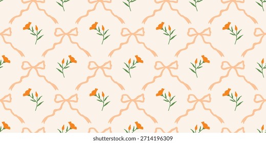 Coquette Blumengitter nahtloses Muster mit Schleifen und Bändern. Preppy Frühjahr Sommer handgezeichnete Blumen. Botanisch eleganter trendiger Druck. Vintage-Design für Stoff, Tapete, Dekor, Hintergrund, Papier
