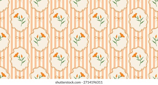 Coquette Blumengitter nahtloses Muster mit Schleifen und Bändern. Preppy Frühjahr Sommer handgezeichnete Blumen. Botanisch eleganter trendiger Druck. Vintage-Design für Stoff, Tapete, Dekor, Hintergrund, Papier