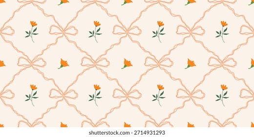 Coquette Blumengitter nahtloses Muster mit Schleifen, Bändern. Preppy Frühjahr Sommer handgezeichnete Blumen. Botanisch eleganter trendiger Druck. Vintage-Design für Stoff, Tapete, Dekor, Hintergrund