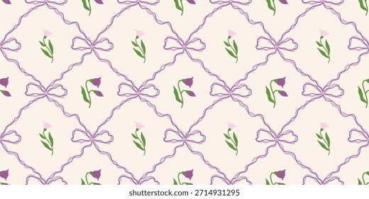 Coquette Blumengitter nahtloses Muster mit Schleifen, Bändern. Preppy Frühjahr Sommer handgezeichnete Blumen. Botanisch eleganter trendiger Druck. Vintage-Design für Stoff, Tapete, Dekor, Hintergrund