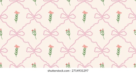Coquette Blumengitter nahtloses Muster mit Schleifen, Bändern. Preppy Frühjahr Sommer handgezeichnete Blumen. Botanisch eleganter trendiger Druck. Vintage-Design für Stoff, Tapete, Dekor, Hintergrund