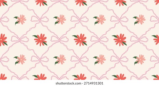 Coquette Blumengitter nahtloses Muster mit Schleifen, Bändern. Preppy Frühjahr Sommer handgezeichnete Blumen. Botanisch eleganter trendiger Druck. Vintage-Design für Stoff, Tapete, Dekor, Hintergrund