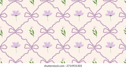 Coquette Blumengitter nahtloses Muster mit Schleifen, Bändern. Preppy Frühjahr Sommer handgezeichnete Blumen. Botanisch eleganter trendiger Druck. Vintage-Design für Stoff, Tapete, Dekor, Hintergrund