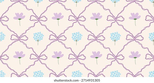 Coquette Blumengitter nahtloses Muster mit Schleifen, Bändern. Preppy Frühjahr Sommer handgezeichnete Blumen. Botanisch eleganter trendiger Druck. Vintage-Design für Stoff, Tapete, Dekor, Hintergrund