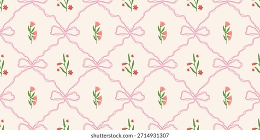 Coquette Blumengitter nahtloses Muster mit Schleifen, Bändern. Preppy Frühjahr Sommer handgezeichnete Blumen. Botanisch eleganter trendiger Druck. Vintage-Design für Stoff, Tapete, Dekor, Hintergrund