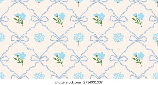 Coquette Blumengitter nahtloses Muster mit Schleifen, Bändern. Preppy Frühjahr Sommer handgezeichnete Blumen. Botanisch eleganter trendiger Druck. Vintage-Design für Stoff, Tapete, Dekor, Hintergrund