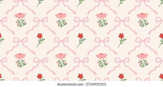 Coquette Blumengitter nahtloses Muster mit Schleifen, Bändern. Preppy Frühjahr Sommer handgezeichnete Blumen. Botanisch eleganter trendiger Druck. Vintage-Design für Stoff, Tapete, Dekor, Hintergrund