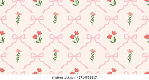 Coquette Blumengitter nahtloses Muster mit Schleifen, Bändern. Preppy Frühjahr Sommer handgezeichnete Blumen. Botanisch eleganter trendiger Druck. Vintage-Design für Stoff, Tapete, Dekor, Hintergrund