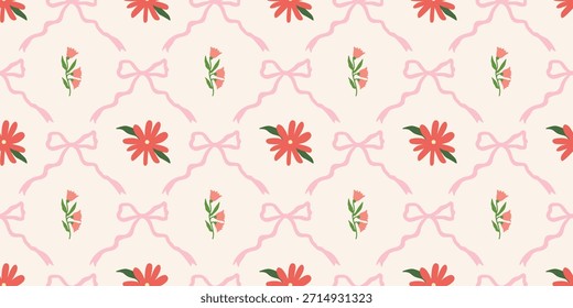 Coquette Blumengitter nahtloses Muster mit Schleifen, Bändern. Preppy Frühjahr Sommer handgezeichnete Blumen. Botanisch eleganter trendiger Druck. Vintage-Design für Stoff, Tapete, Dekor, Hintergrund