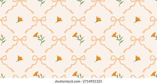 Coquette Blumengitter nahtloses Muster mit Schleifen, Bändern. Preppy Frühjahr Sommer handgezeichnete Blumen. Botanisch eleganter trendiger Druck. Vintage-Design für Stoff, Tapete, Dekor, Hintergrund