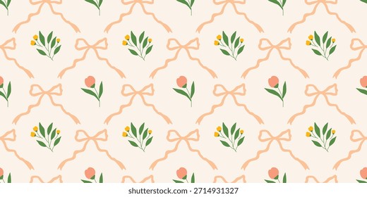 Coquette Blumengitter nahtloses Muster mit Schleifen, Bändern. Preppy Frühjahr Sommer handgezeichnete Blumen. Botanisch eleganter trendiger Druck. Vintage-Design für Stoff, Tapete, Dekor, Hintergrund