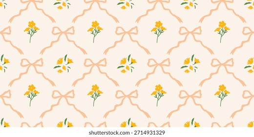 Coquette Blumengitter nahtloses Muster mit Schleifen, Bändern. Preppy Frühjahr Sommer handgezeichnete Blumen. Botanisch eleganter trendiger Druck. Vintage-Design für Stoff, Tapete, Dekor, Hintergrund