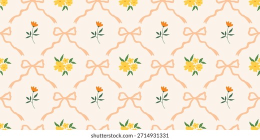 Coquette Blumengitter nahtloses Muster mit Schleifen, Bändern. Preppy Frühjahr Sommer handgezeichnete Blumen. Botanisch eleganter trendiger Druck. Vintage-Design für Stoff, Tapete, Dekor, Hintergrund