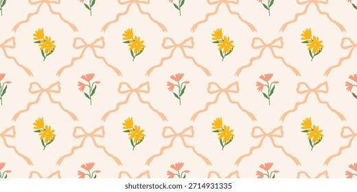 Coquette Blumengitter nahtloses Muster mit Schleifen, Bändern. Preppy Frühjahr Sommer handgezeichnete Blumen. Botanisch eleganter trendiger Druck. Vintage-Design für Stoff, Tapete, Dekor, Hintergrund