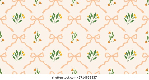 Coquette Blumengitter nahtloses Muster mit Schleifen, Bändern. Preppy Frühjahr Sommer handgezeichnete Blumen. Botanisch eleganter trendiger Druck. Vintage-Design für Stoff, Tapete, Dekor, Hintergrund