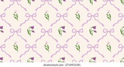 Coquette Blumengitter nahtloses Muster mit Schleifen, Bändern. Preppy Frühjahr Sommer handgezeichnete Blumen. Botanisch eleganter trendiger Druck. Vintage-Design für Stoff, Tapete, Dekor, Hintergrund