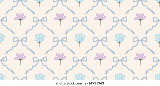 Coquette Blumengitter nahtloses Muster mit Schleifen, Bändern. Preppy Frühjahr Sommer handgezeichnete Blumen. Botanisch eleganter trendiger Druck. Vintage-Design für Stoff, Tapete, Dekor, Hintergrund