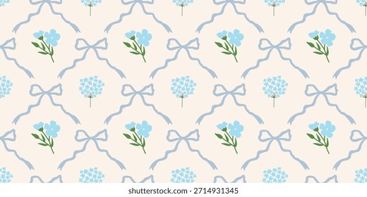 Coquette Blumengitter nahtloses Muster mit Schleifen, Bändern. Preppy Frühjahr Sommer handgezeichnete Blumen. Botanisch eleganter trendiger Druck. Vintage-Design für Stoff, Tapete, Dekor, Hintergrund