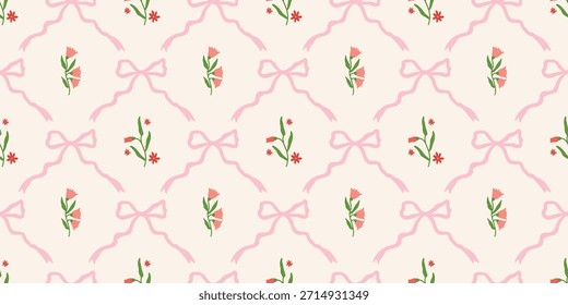 Coquette Blumengitter nahtloses Muster mit Schleifen, Bändern. Preppy Frühjahr Sommer handgezeichnete Blumen. Botanisch eleganter trendiger Druck. Vintage-Design für Stoff, Tapete, Dekor, Hintergrund