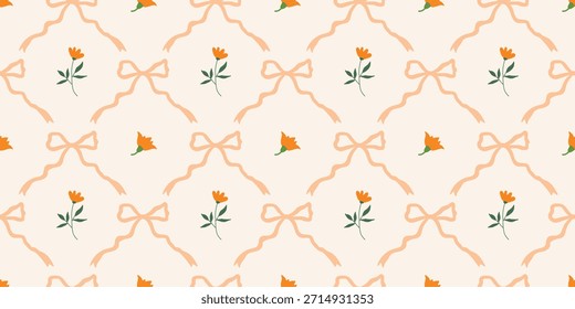 Coquette Blumengitter nahtloses Muster mit Schleifen, Bändern. Preppy Frühjahr Sommer handgezeichnete Blumen. Botanisch eleganter trendiger Druck. Vintage-Design für Stoff, Tapete, Dekor, Hintergrund