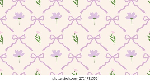Coquette Blumengitter nahtloses Muster mit Schleifen, Bändern. Preppy Frühjahr Sommer handgezeichnete Blumen. Botanisch eleganter trendiger Druck. Vintage-Design für Stoff, Tapete, Dekor, Hintergrund
