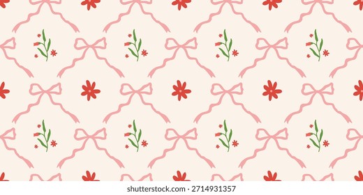 Coquette Blumengitter nahtloses Muster mit Schleifen, Bändern. Preppy Frühjahr Sommer handgezeichnete Blumen. Botanisch eleganter trendiger Druck. Vintage-Design für Stoff, Tapete, Dekor, Hintergrund